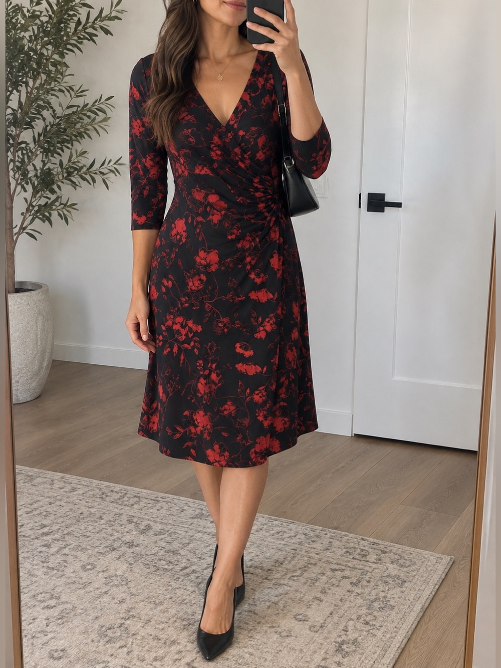 Ralph Lauren Black Wrap Dress with Red Floral Print